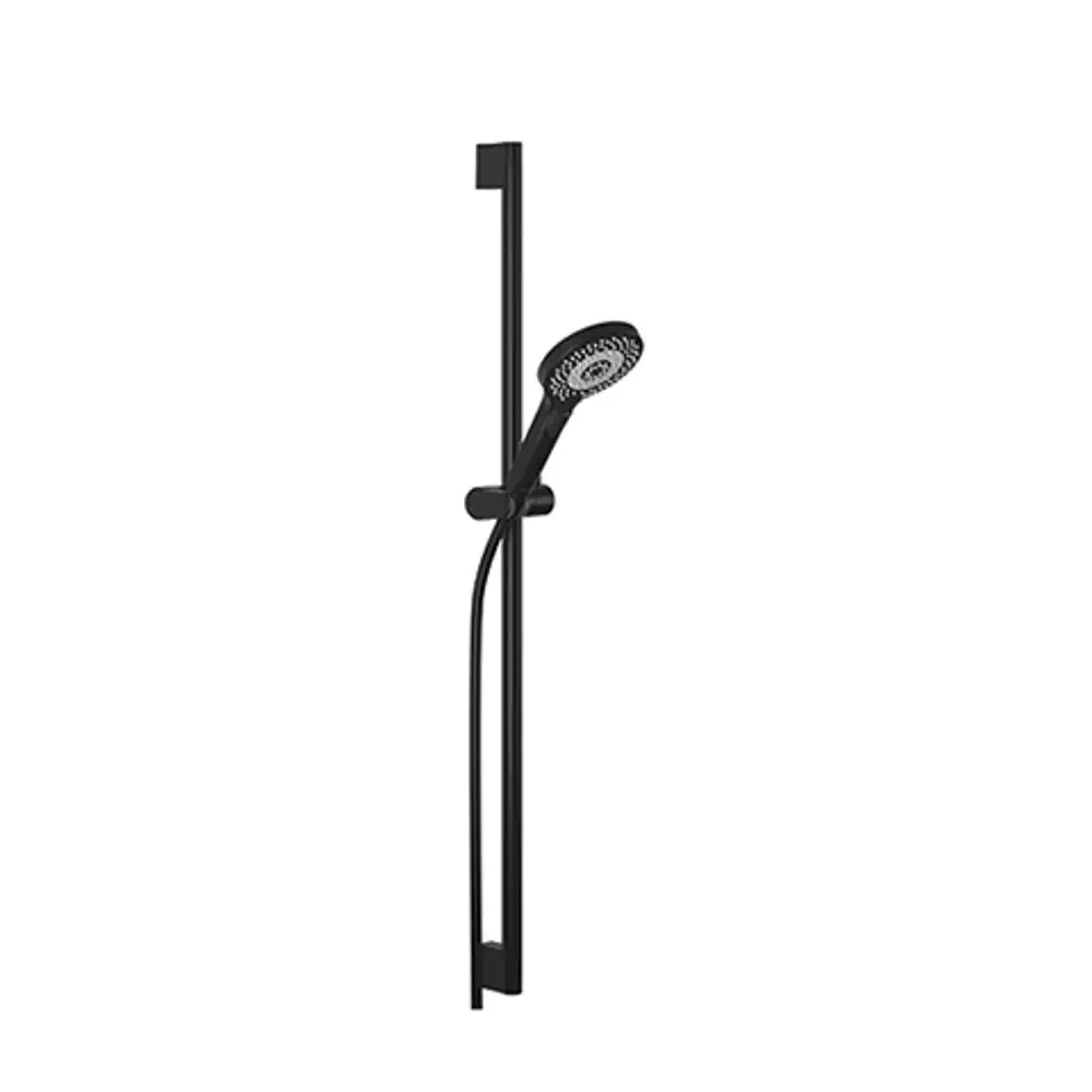 Schwarzes Brause-Set von Kludi, bestehend aus einer Handbrause und einer Halterung an einer vertikalen Stange. Schlichtes Design, funktional für Badezimmer.